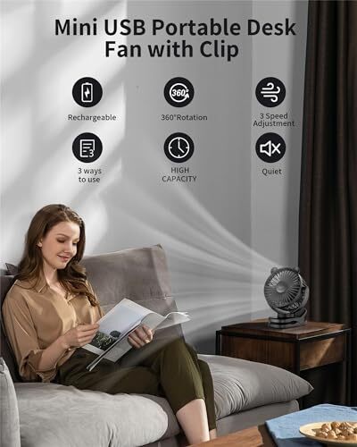 Clip on Fan, Rechargeable Portable Fan with 2000mAh Battery Operated, Black - Picture 2 of 7