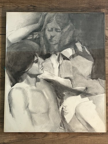 Arte a lápiz original John Leeper dibujo #2 The Couple 1975 enmarcado como nuevo - Imagen 1 de 3