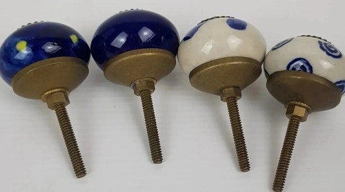 DECORATIVE Enamel Drawer Cabinet Knobs Blue White Design Vgc - Picture 2 of 13
