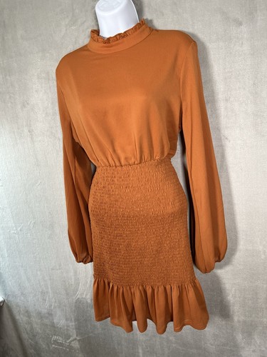 Fashion Nova Smocked Neck Mini Dress Rust Long Puff Sleeve Ruffle Skirt Size L - Picture 6 of 17