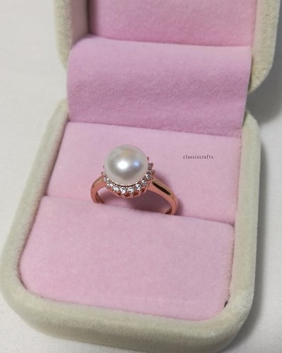 Genuine 9.9mm Freshwater pearl CZ 18K rose gold plated silver Ring adjustable - Picture 3 of 7