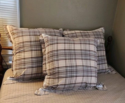 3 Brown & Ivory Plaid Euro Shams Rustic Cabin "Timberlake" Style Cottage Core - Picture 2 of 14
