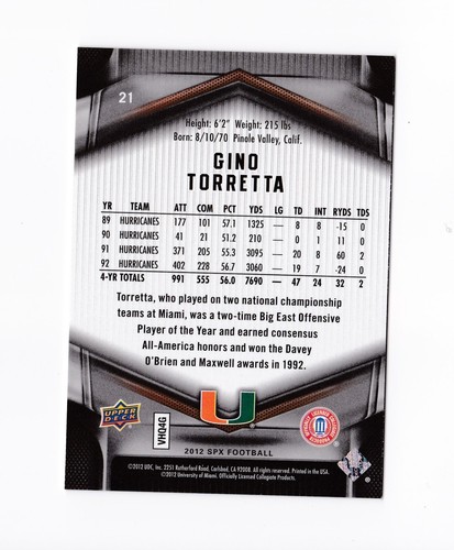 2012 SPx #21 Gino Torretta Minnesota Vikings 49ers Miami Hurricanes - Bild 2 von 2