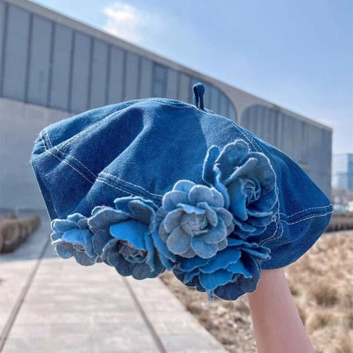 Lady French Beanie Hat Beret Cap Artist Flower Casual Denim Fashion Cute Vintage - Picture 9 of 23