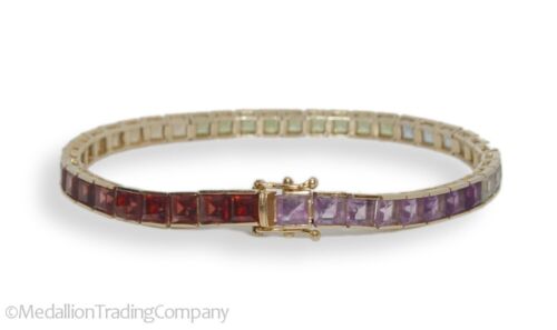 14k Gold 15+ Carat Multi Gemstone Princess Garnet Citrine Topaz Rainbow Bracelet - Picture 4 of 4