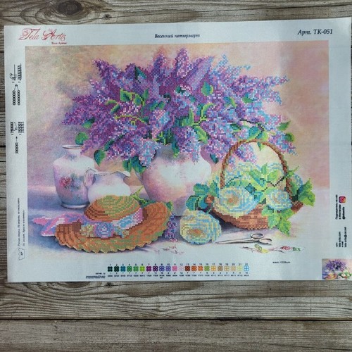 Schema ricamo perline natura morta primaverile lilla su tela modello stampato tk-051 - Foto 5 di 19