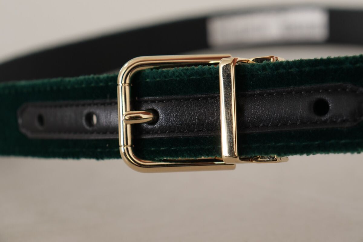 DOLCE & GABBANA Belt Green Velvet Leather Gold Metal Logo DOLCE & GABBANA Belt Green Velvet Leather Gold Metal Logo