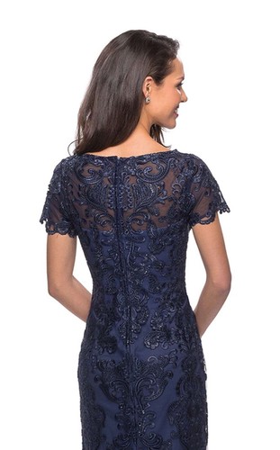 NEW LA FEMME Navy SEQUIN Embroidered LACE Column EVENING Dress GOWN 4 - Picture 11 of 13