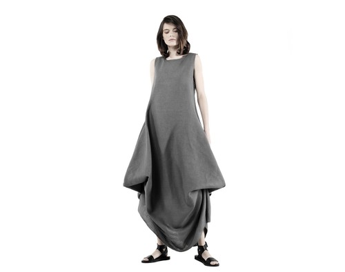 Grey Linen Dress. Extravagant dress. Avant Garde Dress. Lagenlook Pinafore Dress - Picture 14 of 19