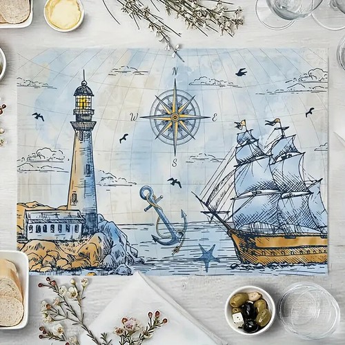 4PCS Nautical Placemats Compass Lighthouse Placemats Washable Heat Resistant - Picture 3 of 5