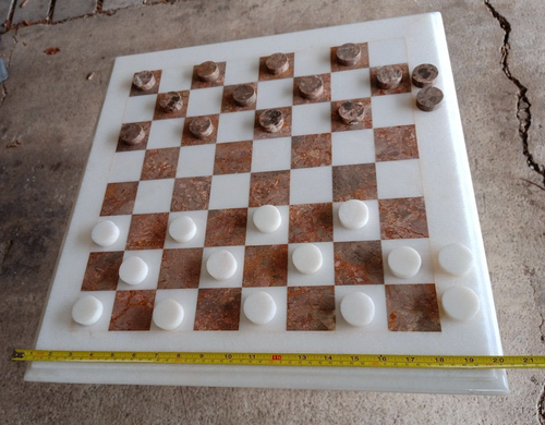 Beautiful Solid Marble Checkers or Chess Table with Pedestal Base & Extra Pieces - Picture 8 of 16