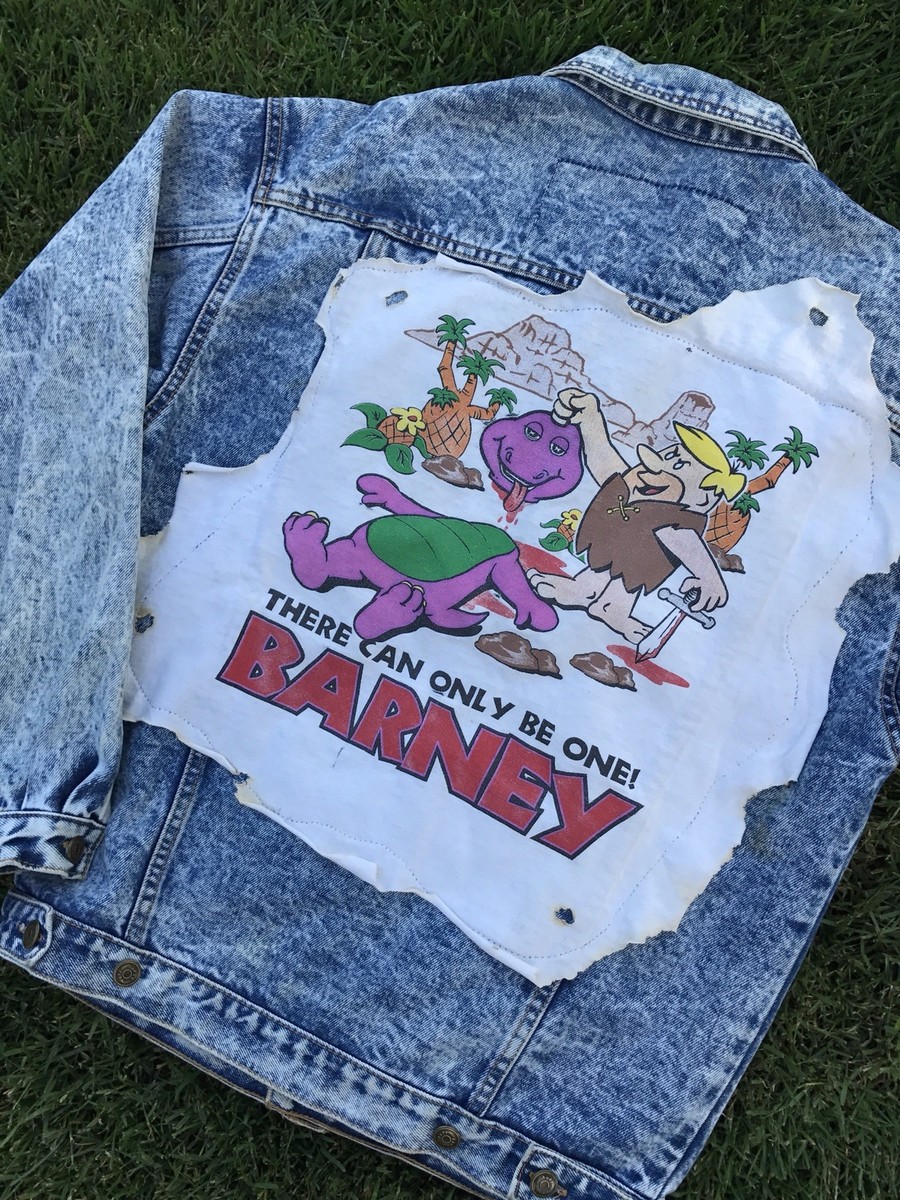 【US直輸入品】Barney ヴィンテージ 刺繍 ジャケット 4T Vtg 90s 80s Barney Toys R Us The Flinstones Acid Wash Denim Jacket