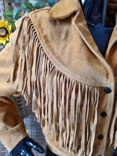 Vintage Retro Leather Suede Fringed Jacket Sz Small American Biker Tan Brown FAB - Picture 6 of 13