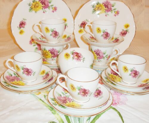 Bone China Tea Set 24 Piece Pink Yellow 30s 🍰Staffordshire Diamond China - Picture 4 of 11