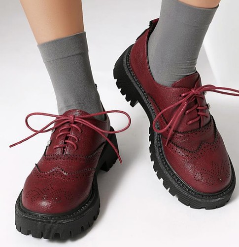 Women Lace Up Flat Low Heel Retro Brogue Shoes Oxfords Casual Pu Leather College - Bild 6 von 12