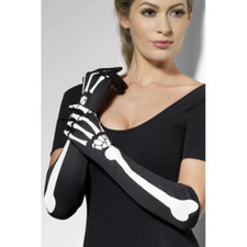 Skeleton Gloves Long Black White Skeleton Bone Print Ladies Fancy Dress