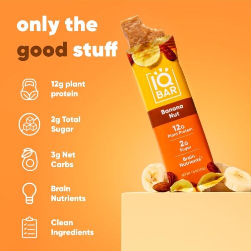 IQBAR Brain and Body Plant Protein Bars - Banana Nut - 12 Count , Low 2g sugar - Picture 5 of 7
