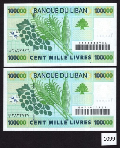 (BN-1099) Lebanon P-89 UNC, 100,000 Lira, consecutive PAIR, 2004 - Picture 2 of 2