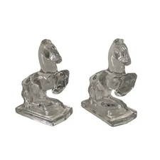 Vintage L.E. Smith Clear Glass Pair of 8" HEAVY Rearing Horse Bookends EUC