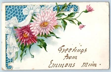 Emmons Minnesota Postcard Greetings Flower Glitter Embossed 1907 Vintage Antique