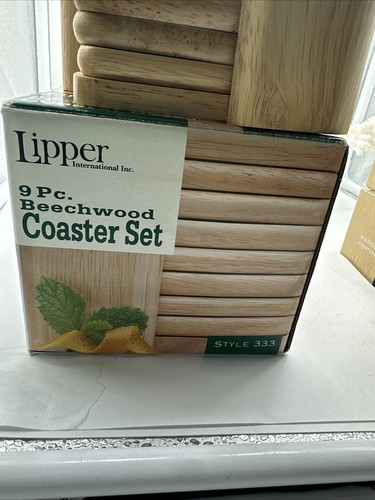 Vintage MCM 8 quadratische UNTERSETZER mit Halter von Lipper 9 Stück Buchenholz Neu im Karton - Bild 4 von 5