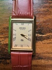 vintage Seiko Slim Tank Quartz Men Gold Dial Light Brown Leather Dress Watch