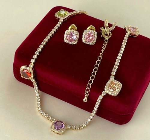 Deluxe Set Collier Halskette Tennis Ohrstecker Zirkonia 585er Gold 14K vergoldet - Bild 1 von 9