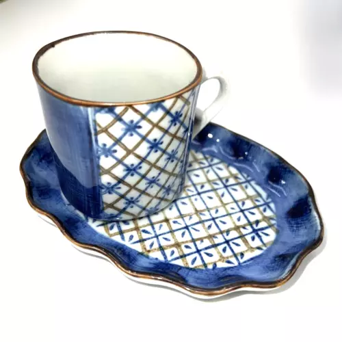 Vintage Japan Stoneware Mugs Set of 2 Blue cup And Saucer Otagiri Hand Painted