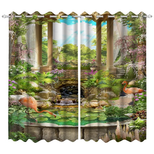 Hoja Verde Rosa Flamenco 3D 2 Paneles Ventana Cortinas Bloqueo Tela - Imagen 5 de 11