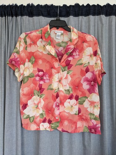 Alfred Dunner Damenbluse 18 Seide rosa Blumen tropisch Kurzarm geknöpft