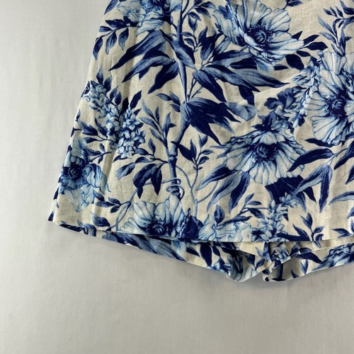 Ellen Tracy Floral Linen Blend Skort Size M Elastic Waistband Pockets White Blue - Picture 4 of 12