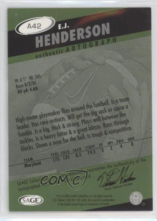 2003 SAGE Hit Auto Emerald EJ Henderson #A42 Rookie Auto RC - Image 2 of 2