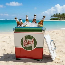 CASTROL Vintage Large Metal 18Qt Beer Cooler Box，Portable for Beach Activities