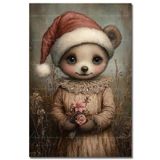BEAR SANTA HAT ART PRINT, Fantasy Animal Christmas Poster, Holiday Gift Decor