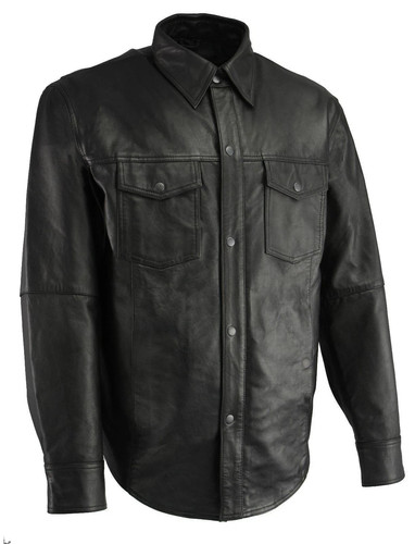 Men's Leather shirt 100% Genuine Lambskin Motorcycle Jacket Uniform Shirt Black - Picture 8 of 10