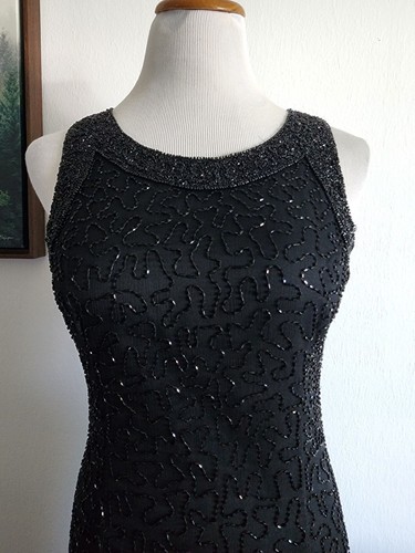 Vintage Laurence Kazar Black Silk Beaded Full Length Maxi Dress Gown Sz M - Picture 2 of 11