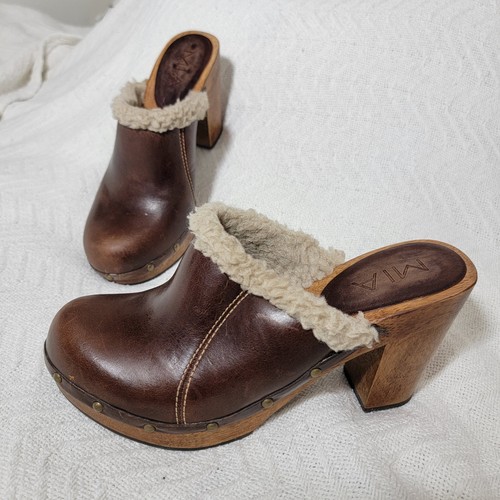 Vintage Y2K 90er Mia Holz Clogs Pantoletten braun Leder Shepra gefüttert Gr. 8 - Bild 2 von 19