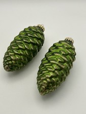 Lot of 2, Vintage Green Gold Plastic Glittered 4" Pinecones Christmas Ornaments
