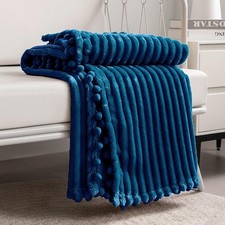 Soft Warm Fleece Blanket 51x63 Blue w/Pompom Fringe