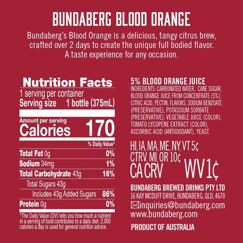 Bundaberg Sparking Fruit Drink, Blood Orange, 12.7 fl oz, 4 Count - Picture 2 of 8