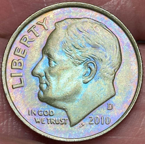 Hermosa moneda de diez centavos Roosevelt 2010-D brillante en tono dorado/arco iris #18 - Imagen 9 de 12