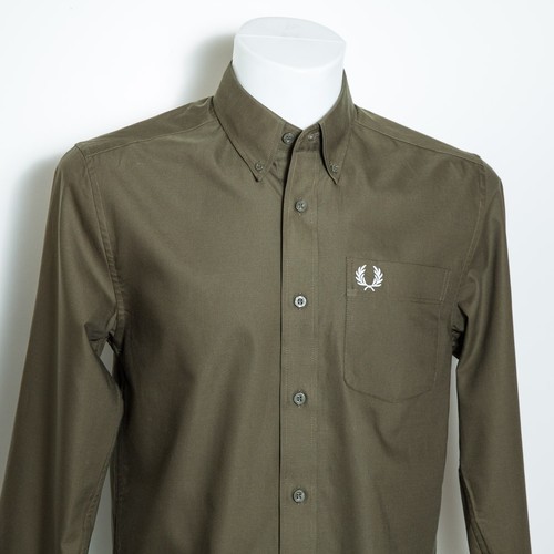 Fred Perry Mens Shirt Small Green Khaki Solid Casuals Mod Terrace Liam Oxford - Picture 6 of 14
