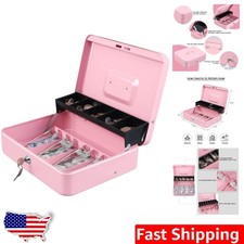 Durable Pink Cash Box 11.8" Cantilever Tray 4 Bill 5 Coin Slots Key Lock