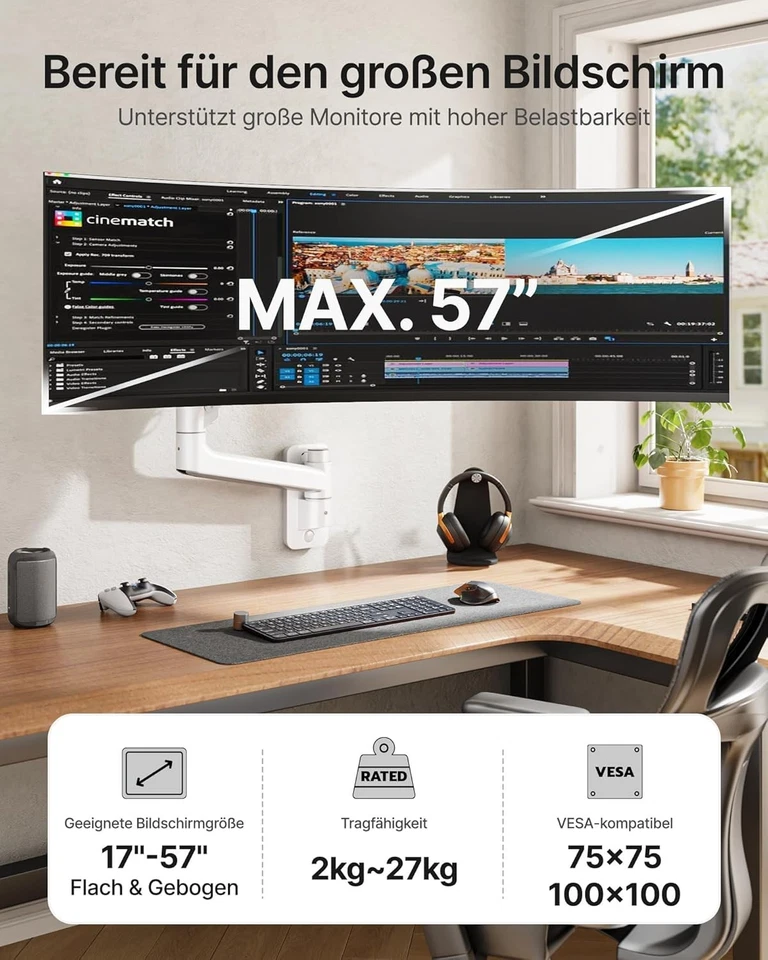 Monitor Wandhalterung 17-57" Ultrawide 27kg VESA 75/100 Höhenverstellbar Weiß - Bild 2 von 4