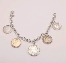 Joseph Esposito Espo Sterling Silver Vintage/Antique Coin Charm Bracelet 6.80"