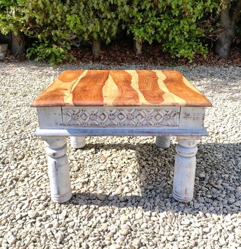 CARVED RECLAIMED LIGHTLY DISTRESSED SOLID ROSEWOOD COMPACT COFFEE TABLE GREY F&B - Picture 2 of 4