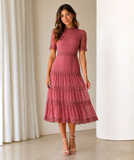 Lulus Mauve Lace Fit & Flare Midi Dress M High Neck Short Sleeve Lined Zip