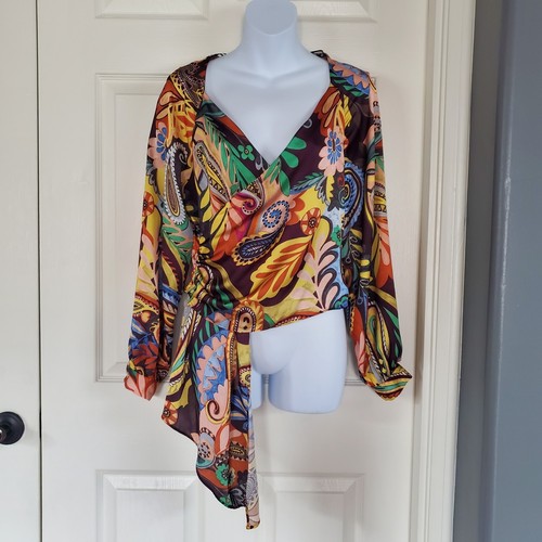 Zara Paisley Multicolor Wrap Blouse Long Sleeve V-neck Waist Tie Crop Size Small - Picture 3 of 14