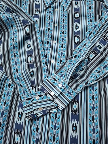 Vintage 70's Ki Gs Road Sears Best Shirt Perma Prest Blue Aztec Print Shirt Size M - Bild 11 von 13