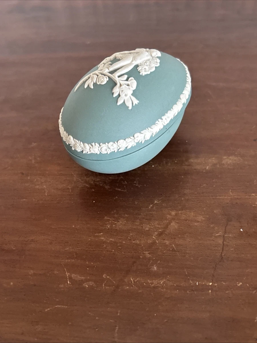 Teal Green Wedgwood Jasperware Egg Shaped Trinket Box with Cupid